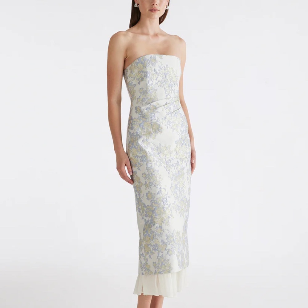 Anna Quan Strapless Floral Jacquard Midi Dress in Ivory and Pale Blue